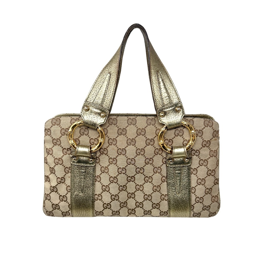 Gucci GG Monogram Canvas Bamboo Ring Tote Bag Gold‎ Leather 131324 213317